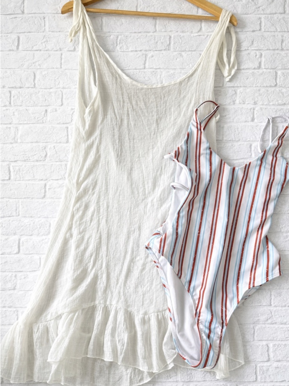 Zaful White Swimsuit with Orange and Light Blue Stripes